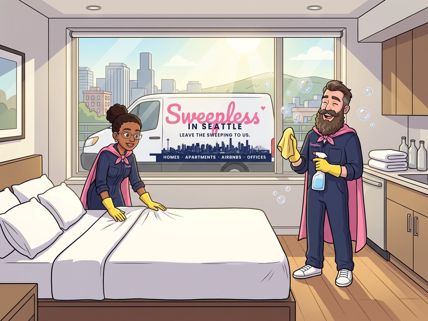 Cartoon illustration of Ashley and Jason, the Sweepless in Seattle founders, finishing an Airbnb turnover: a freshly made bed, a restocked counter, soap bubbles in the sunlight, and the company van outside the window