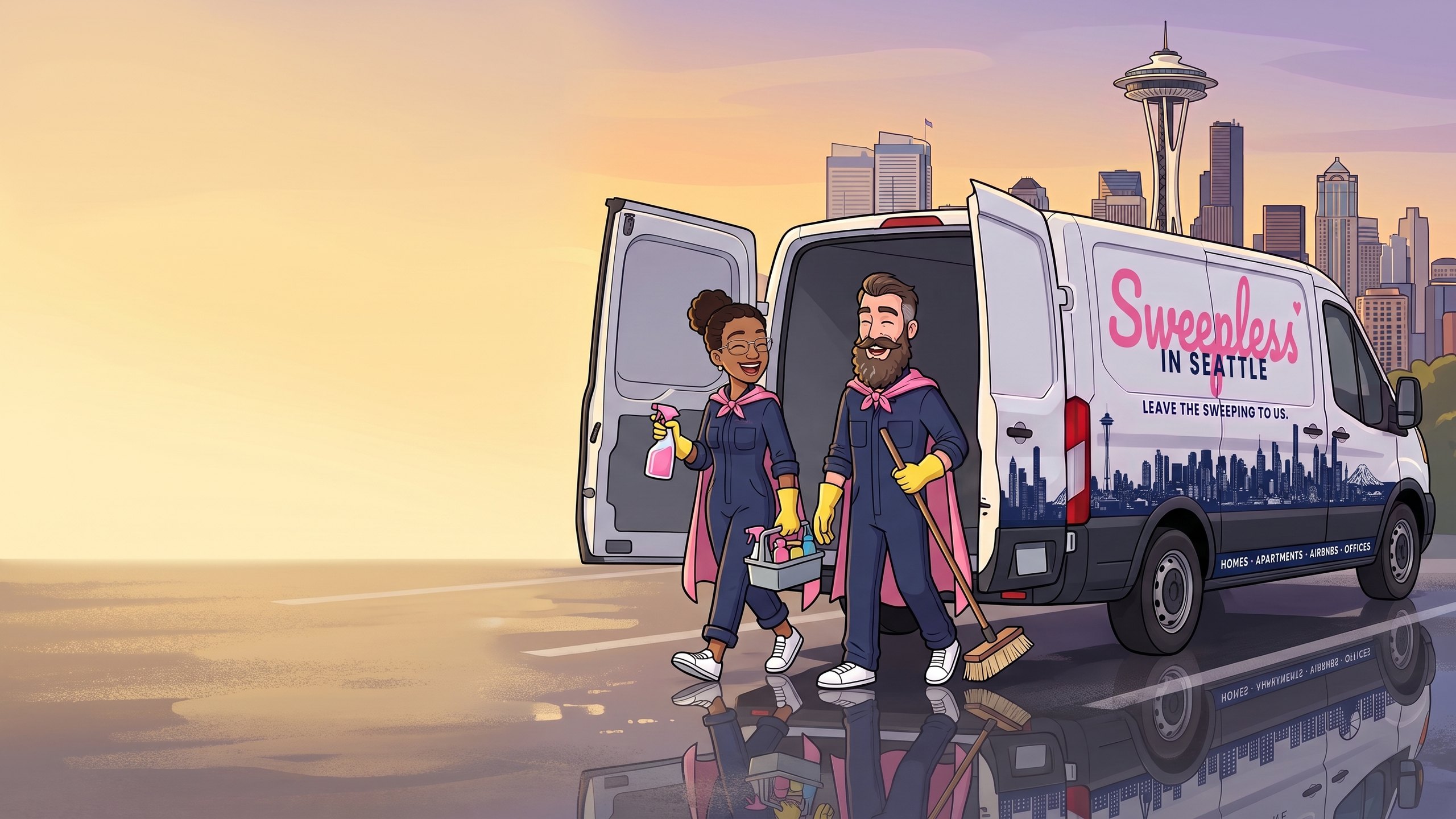 Cartoon illustration of Ashley and Jason, the Sweepless in Seattle founders, in navy coveralls and pink capes, walking from the company van with a spray bottle and a broom, the Seattle skyline and Space Needle behind them