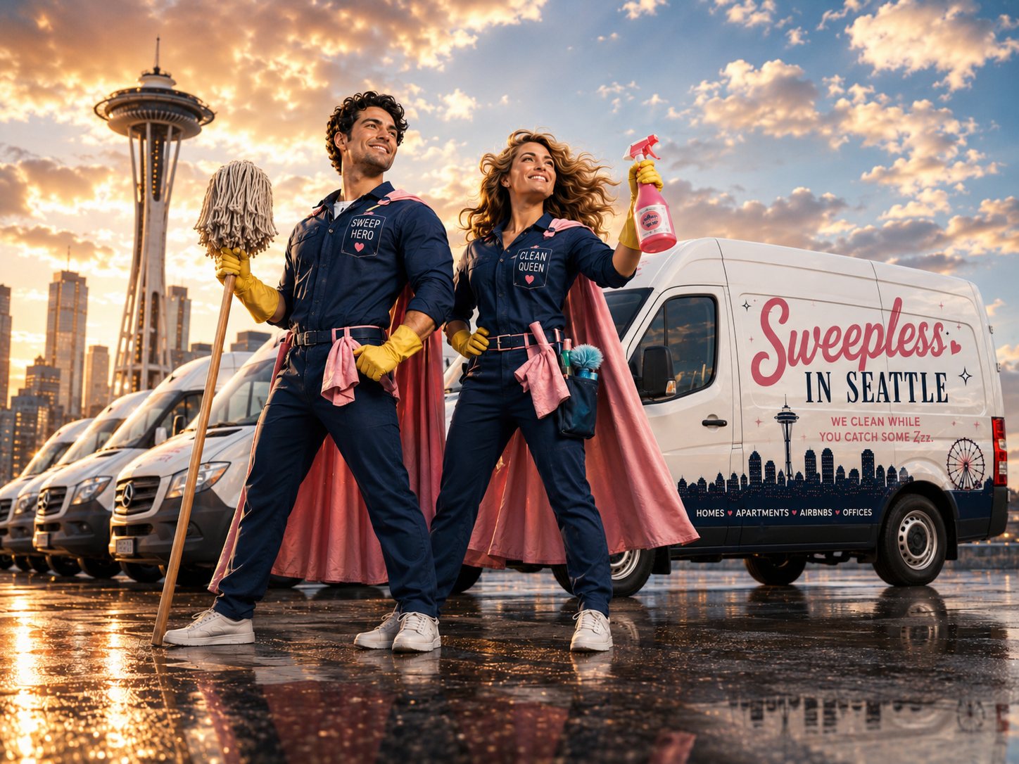 The Sweepless in Seattle cleaning crew in superhero capes in front of their van fleet with the Space Needle behind them
