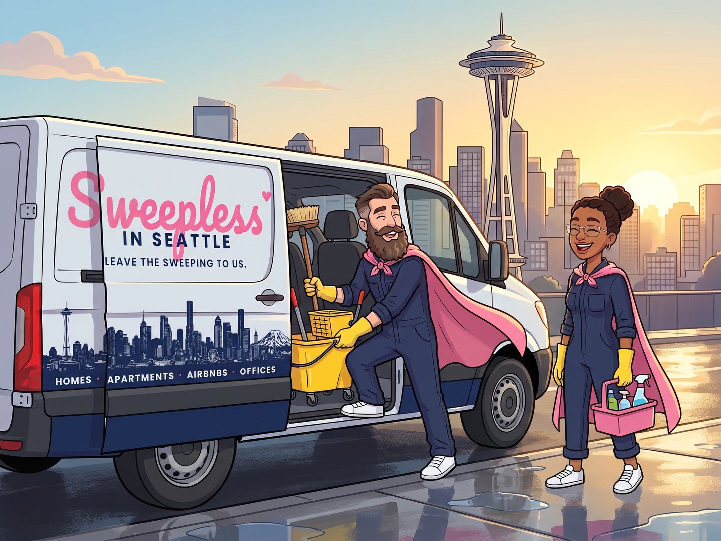 Cartoon illustration of Ashley and Jason, the Sweepless in Seattle founders, loading cleaning gear into the company van with the Seattle skyline behind them