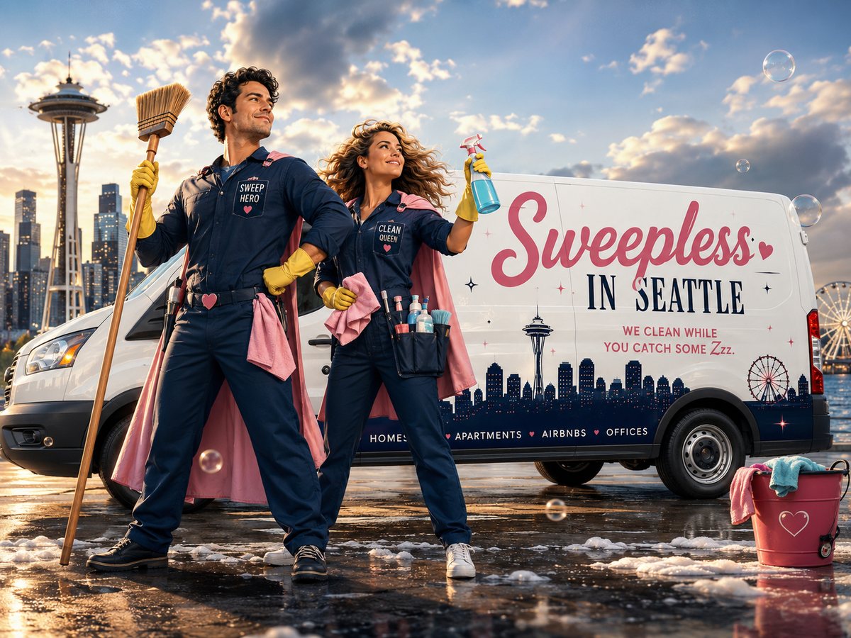 Sweepless in Seattle cleaners with their van, soap bubbles, and a pink cleaning bucket