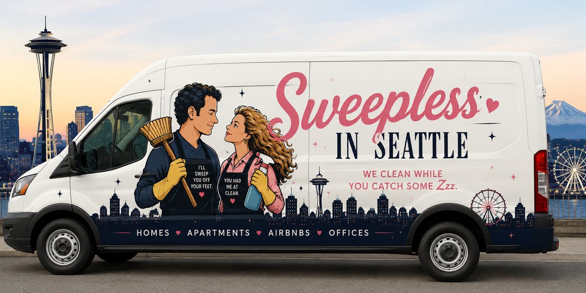 Illustration of the Sweepless in Seattle van with the Seattle skyline