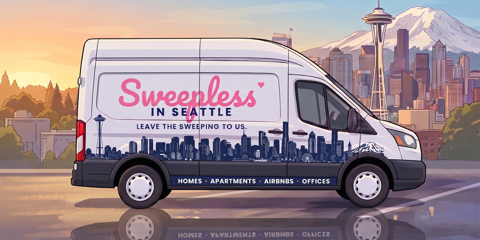 Cartoon illustration of the white Sweepless in Seattle van, with its pink Sweepless wordmark and the tagline Leave the sweeping to us, parked in front of the Seattle skyline and Mount Rainier